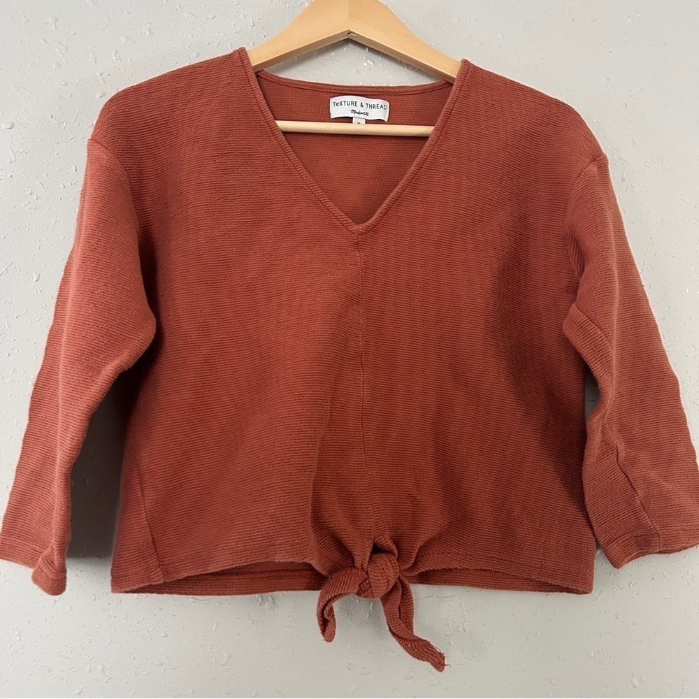 Madewell Texture & Thread Brown Tan Orange Ribbed Tie Front Blouse Casual Medium - Picture 2 of 5